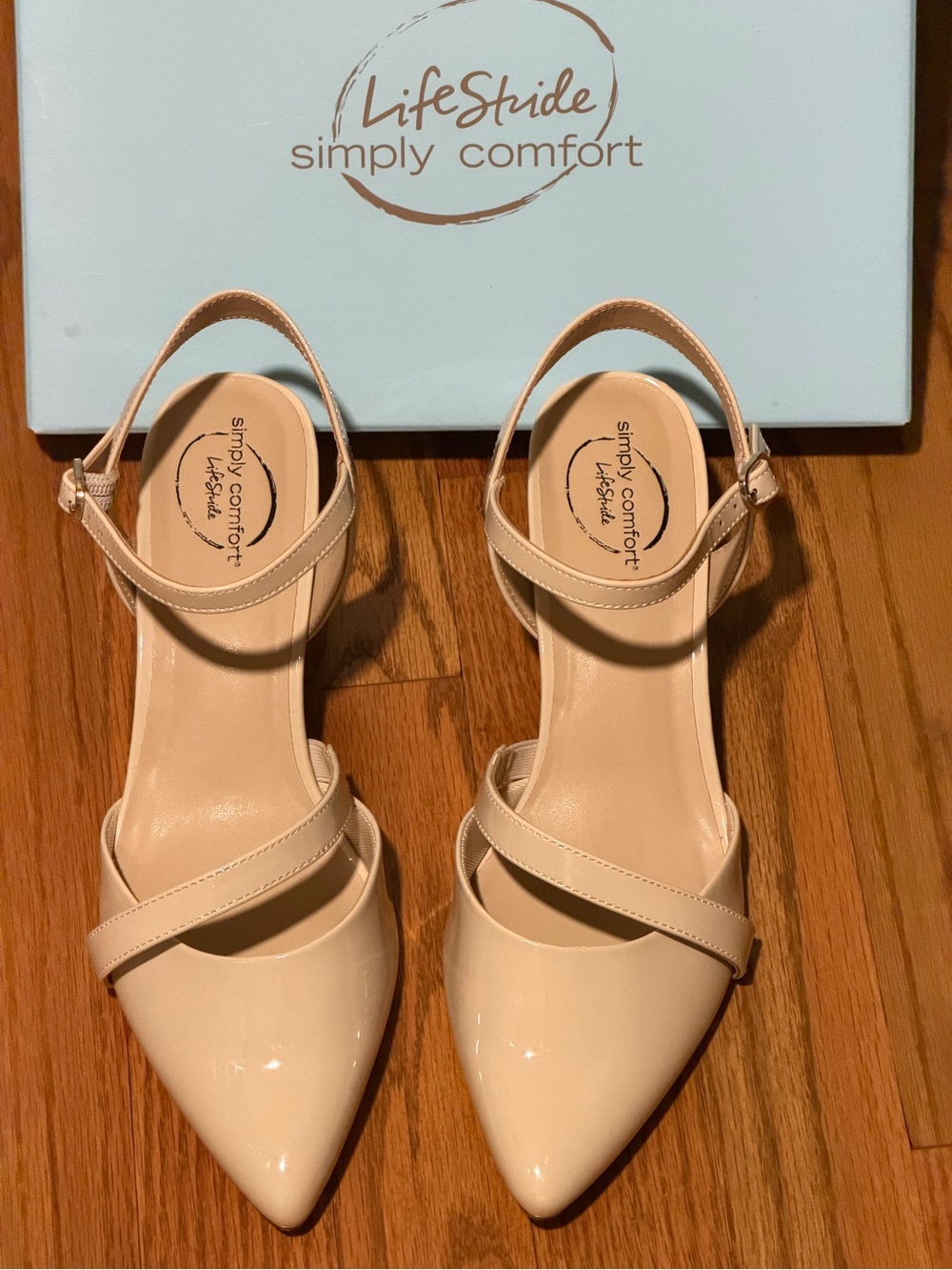 Life Stride Cream Patent Pointed-Toe Crossover Slingback Heels